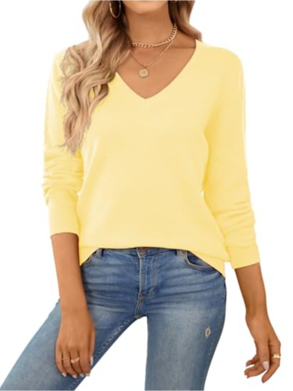 Women's 100% Cotton V-Neck Long Sleeve Pullover Sweater Knit